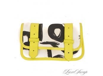 MODERN AND AWESOME PROENZA SCHOULER 'PS1' WHITE CANVAS BLACK BRUSHSTROKE AND NEON LEATHER TRIM WALLET