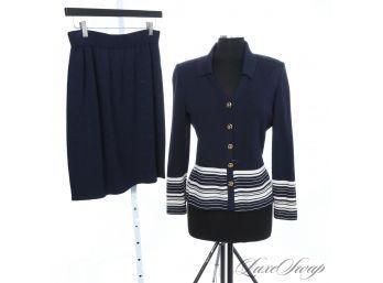 #3 ST. JOHN COLLECTION NAVY KNIT 2 PIECE SKIRT SUIT ENSEMBLE WITH WHITE STRIPED HEM 6