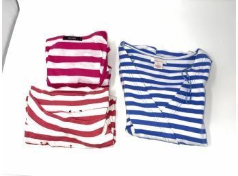 LOT OF 3 WOMENS RED PINK AND BLUE STRIPED TOPS FROM BEBE USA MADE, MAJORCA USA MADE, & ISAAC MIZRAHI SIZE M/L