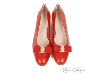 WOW! BRAND NEW IN BOX SALVATORE FERRAGAMO MADE IN ITALY CHERRY RED LEATHER GROSGRAIN BOW SHOES 10