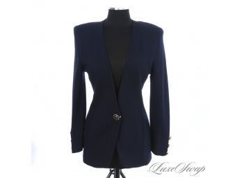 #1 ST. JOHN MADE IN USA NAVY BLUE STRETCH KNIT PLUNGING NECK JACKET WITH HUGE GOLD MONOGRAM BUTTONS S