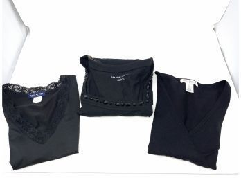 NOIR CHIC!! LOT OF 3 WOMENS BLACK TOPS FROM SML SPORT MADE IN USA(!!), SILK WHBM, & NY&CO SIZE S/M