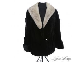 EXQUISITE AND FANTASTIC CONDITION VINTAGE GENUINE FUR BLACK COAT WITH WHITE/GREY MINK COLLAR