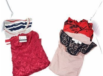 RED BLOODED!! LOT OF 4 WOMENS RED AND PINK TOPS FROM VARIOUS MAKERS 1 MADE IN USA(!!) SIZE M/L