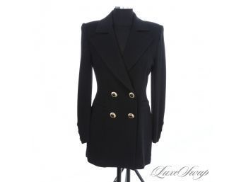 #6 ST. JOHN COLLECTION BLACK STRETCH KNIT DOUBLE BREASTED LONG JACKET WITH GOLD 'COOKIE' BUTTONS 6