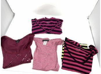 LOT OF 4 WOMENS RED AND PINK STRIPED SLINKY DRAPED SHIRTS FROM CALVIN KLEIN, WHBM, & MORE 1 USA MADE SIZE L