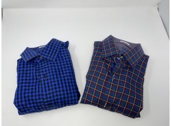 SPORTY LUXE!! NEAR MINT MODERN MENS LOT OF 2 BUGATCHI BLUE GINGHAM AND MULTI PLAID SPORT SHIRTS SIZE M