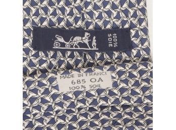 #4 AUTHENTIC MENS HERMES PARIS MADE IN FRANCE SILK TIE - NAVY SILVER LARGE CHAIN D'ANCRE GEOMETRIC LINK