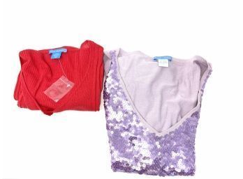 WHITE & WEAREM!! LOT OF 2 WOMENS BRAND NEW WHITE WARREN RED AND PURPLE SEQUIN EMBROIDERED TOPS 1 SILK SIZE S/M