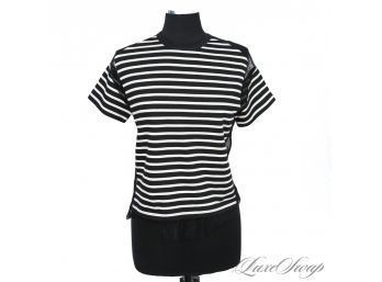 NEAR MINT AND AWESOME VALENTINO BLACK AND WHITE BRETON STRIPED STRETCH SHIRT WITH CHANTILLY LACE INSETS