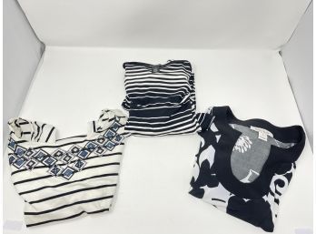 STRAIGHT FROM THE WHITE HOUSE? LOT OF 3 WOMENS BLACK AND WHITE GRAPHIC SHIRTS FROM WHBM 1 USA MADE(!) SIZE S/M