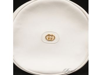 VERY VERY VERY RARE NEAR MINT VINTAGE GUCCI MADE IN ITALY WHITE 'ROUND CROSSBODY' BAG - CHECK THE COMPS!