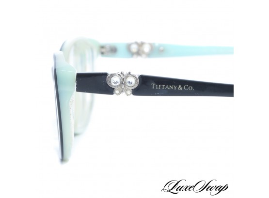 AUTHENTIC TIFFANY MADE IN ITALY BLACK SIGNATURE CYAN BLUE DIAMANTE CRYSTAL INLAY GLASSES