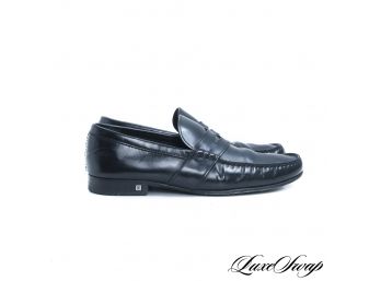 AUTHENTIC LOUIS VUITTON MENS BLACK LEATHER PENNY LOAFERS W/LV MONOGRAM CUBE INSET