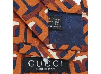 #2 INCREDIBLE VINTAGE TOM FORD ERA GUCCI MADE IN ITALY CARAMEL BROWN AND BLUE GEOMETRIC SILK MENS TIE
