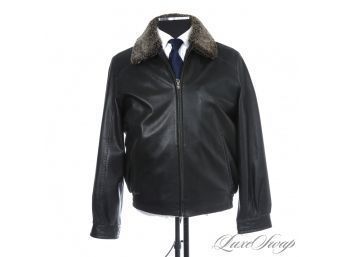 LIKE NEW & OF EXCEPTIONAL QUALITY ROBERT COMSTOCK ENDURANCE BLACK NAPPA LEATHER SHEARLING COLLAR MENS COAT 40