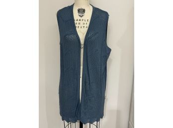 Vintage Apeks Greyish Blue Knit Sleeveless Cardigan Vest 2 Hook Closure