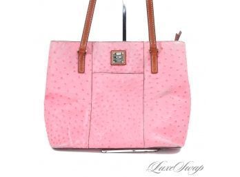#2 SHES A SWEETHEART! DOONEY & BOURKE STRAWBERRY PINK OSTRICH PRINT BROWN LEATHER TRIM LARGE TOTE BAG