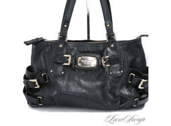 #8 YOU CANT LOSE WITH THIS ! MICHAEL KORS BLACK LEATHER SIDE POCKET GOLD HARDWARE STRAPPY MODERN BAG BIG 15'