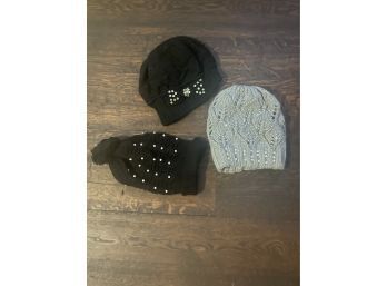 Lot X 3 Bejeweled Sparkle Fancy Lot Of Winter Hats Grey / Black New Never Worn