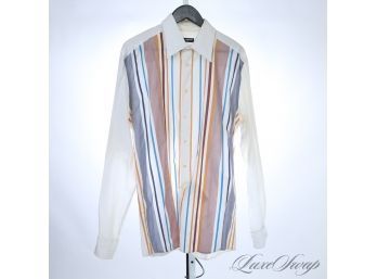 MENS TOP TIER DOLCE & GABBANA MADE IN ITALY WHITE BUTTON DOWN SHIRT WITH OCHRE AND BLUE BIG STRIPES 17