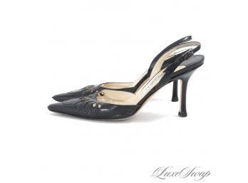 ULTIMATE SEXY! $500 JIMMY CHOO MADE IN ITALY BLACK LEATHER SCALLOPED SLICED CUTOUT SLINGBACK SHOES 36 / 6