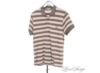 FALL PERFECT MENS BURBERRY LONDON COFFEE TAN AND CHOCOLATE BLOCK STRIPED PIQUE POLO SHIRT XL