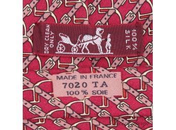 AUTHENTIC HERMES MADE IN FRANCE STRAWBERRY RED MENS SILK TIE WITH BELT BUCKLE AND STIRRUP STRIPE 7020 TA