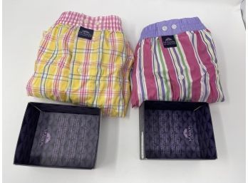 #15 $100 LOT OF 2 BRAND NEW WITH TAGS MADE IN ITALY MCALSON MULTISTRIPE & YELLOW PLAID BOXER SHORTS SIZE XXL