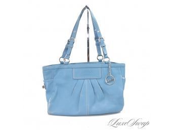 #3 AWESOME COLOR : COACH SLATE LAKE BLUE SOFT LEATHER TOPSTITCHED PLEATED SIDE TURNLOCK MID SIZE 12' BAG