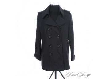 NO SNOW GETTING THROUGH THIS! HEAVYWEIGHT CHARLES KLEIN CHARCOAL GREY FLANNEL DOUBLE BREASTED PEACOAT XL WOMEN