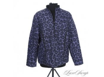 A KILLER ANONYMOUS REVERSIBLE AMETHYST LEOPARD PRINT / BLACK QUILTED SATIN WIND JACKET