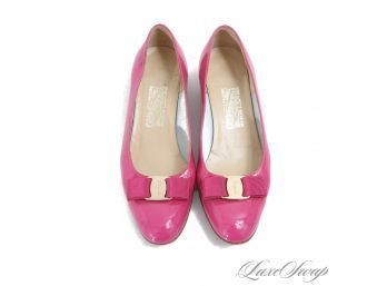 $500 SALVATORE FERRAGAMO MADE IN ITALY ROSE PINK PATENT LEATHER GOLD BOW FRONT RECENT SHOES 8.5