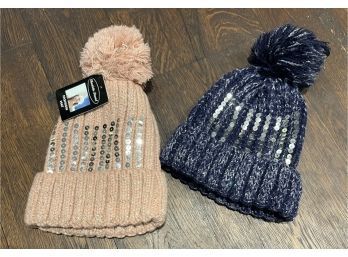Lot X 2 Winter Hats With Pompom Mauve Pink And Navy With Sequins Detail