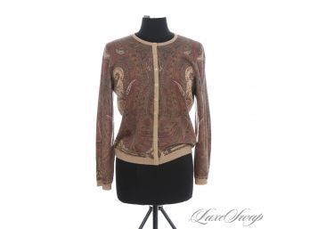BRAND NEW WITH TAGS $165 COLETTE MORDO BROWN PRINTED PAISLEY CARDIGAN SWEATER L