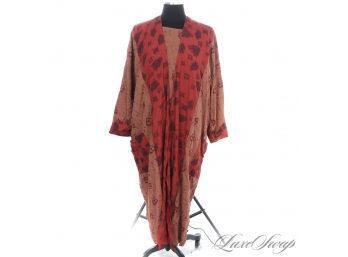LOVE THIS! VINTAGE 1990S KUSNATCH INDONESIAN DRAPED RAYON TRIBAL FACES DOUBLE PRINT LONG JACKET