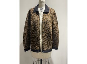 Jones New York Brown Black Leopard Animal Print Zip Cardigan Sweater L