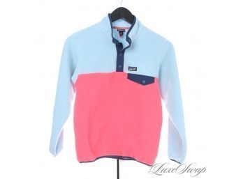 AWESOME COLORS : PATAGONIA BABY POWDER BLUE AND CORAL FLEECE 'T-SNAP' POPOVER SWEATER M
