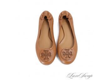 NEAR MINT AND FALL PERFECT TORY BURCH VICUNA BROWN GRAINED LEATHER MONOGRAM TOE BALLET FLAT SHOES 8
