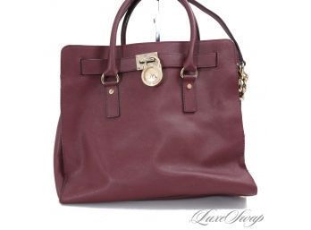 #7 HUGE AND FALL PERFECT MICHAEL KORS CRANBERRY SAFFIANO LEATHER GOLD HARDWARE 14' MONOGRAM COIN TOTE BAG
