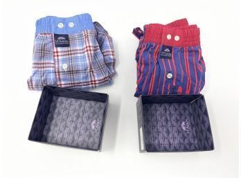 #5 $100 BRAND NEW WITH TAGS MADE IN ITALY LOT OF 2 MCALSON BROWN PLAID & RED PENCIL PRINT BOXER SHORTS SIZE M