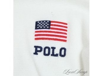 ICONIC : MENS POLO RALPH LAUREN WHITE WAFFLED THERMAL SHIRT WITH SPELLOUT LOGO AND USA FLAG M