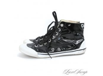 THESE ARE FANTASTIC! DOLCE & GABBANA BLACK PATENT LEATHER WHITE CAP TOE CHUCK TAYLOR STYLE SNEAKERS 41 / 8