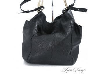 $1400 AUTHENTIC JIMMY CHOO MADE IN ITALY CRYSTALIZED BLACK DEERSKIN GRAIN LEATHER GOLD CHAIN HUGE 18' BAG