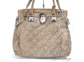 #5 MASSIVE AND HUGE! MICHAEL KORS 16' FADED WASHED FINISH MUSHROOM TOTE BAG WITH SILVER STUDS AND CHAIN