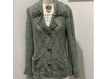 Vertigo Seafoam Green Speckled  Knit Cardigan With Beaded Detail L. Near Mint Condition