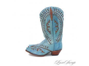 INCREDIBLE AND BRAND NEW WITHOUT BOX UNUSED DAN POST WOMENS TURQUOISE LEATHER AND BROWN COWBOY BOOTS 9