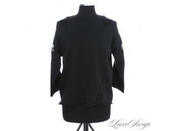 A MODERN AND FANTASTIC AMICI MADE IN ITALY BLACK SHREDDED DISTRESSED STRETCH COTTON OVERSIZED SHIRT M