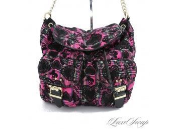 #9 THIS IS GOOD! BETSY JOHNSON PINK TARTAN FABRIC AND LACE TATTOO PRINT OVERLAY BACKPACK SLASH BAG ON CHAIN