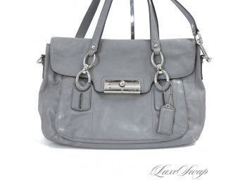 #14 TOP OF THE LINE RECENT COACH DOLPHIN GREY SOFT NAPPA LEATHER BLUE LINED LARGE 16' FLAP BAG